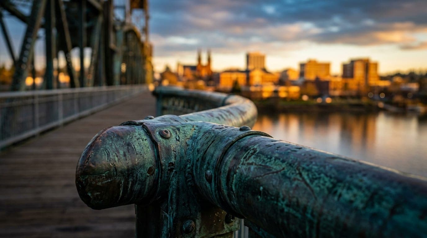 Extreme macro, tilt-shift focus on the weathered, oxidized copper railing of the Willamette Riverfront bridge at golden ho...