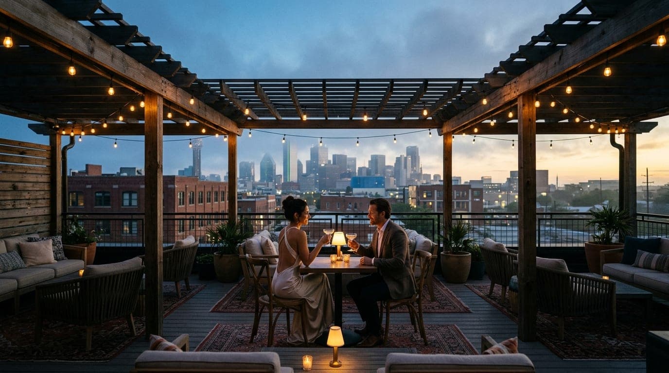 A wide-angle, symmetric shot of a chic rooftop bar in Deep Ellum at night. A couple in elegant evening wear shares a cockt...