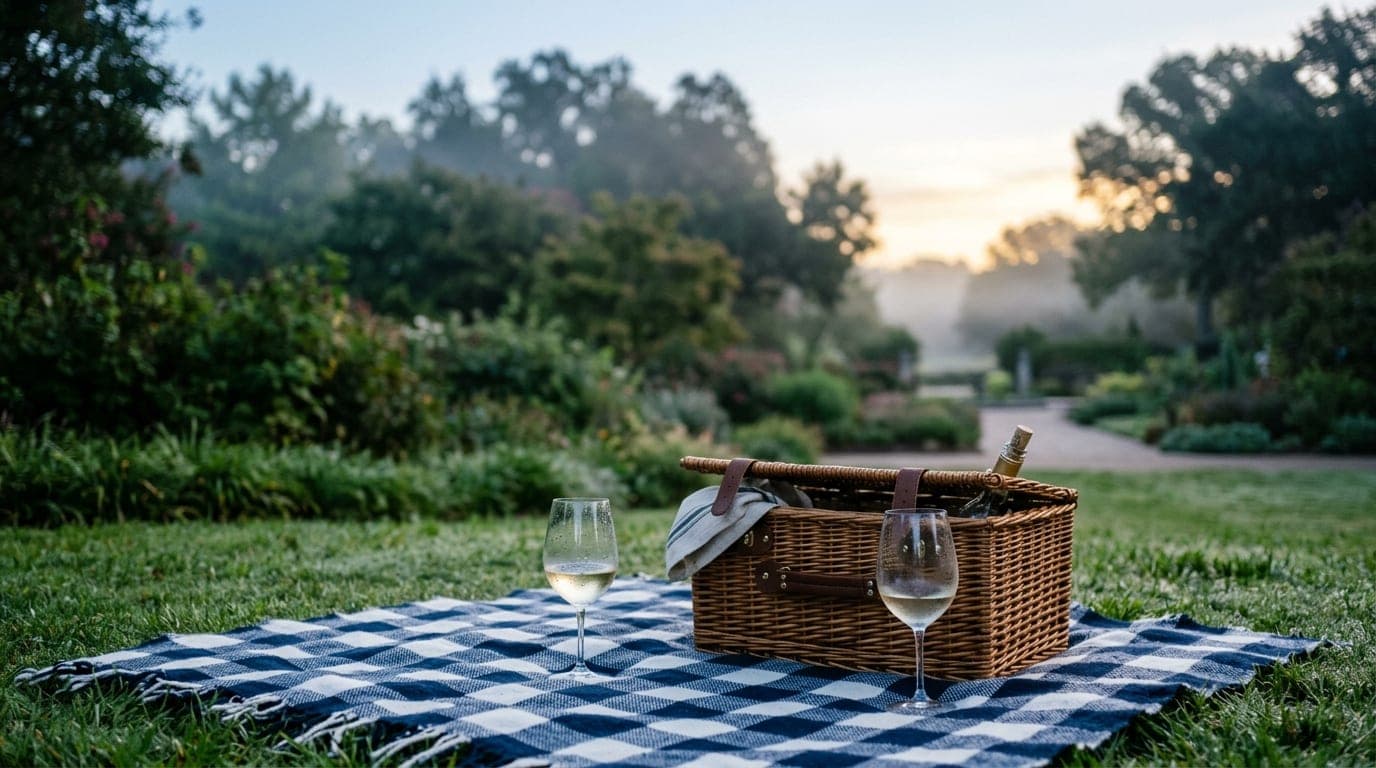 A medium shot at sunset, showing a wicker picnic basket and two half-empty glasses of wine on a checked blanket in the Dal...