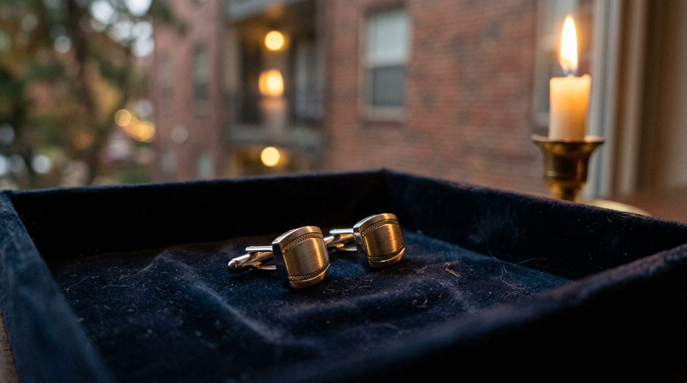 A 100mm macro shot, candle-lit, of a pair of high-end cufflinks resting on a velvet valet tray. In the background, out-of-...