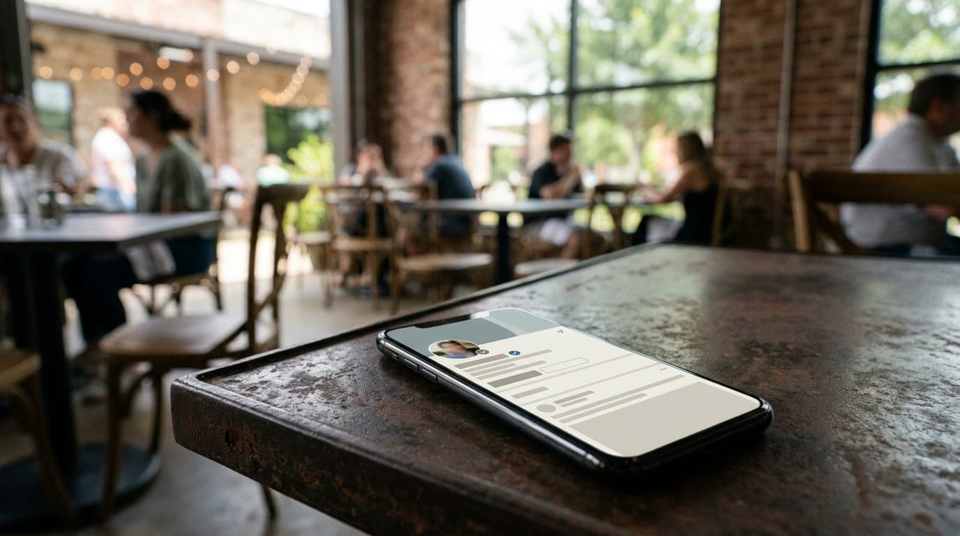 A high-angle, selective focus shot of a sleek smartphone screen displaying a verified LinkedIn profile, resting on a weath...