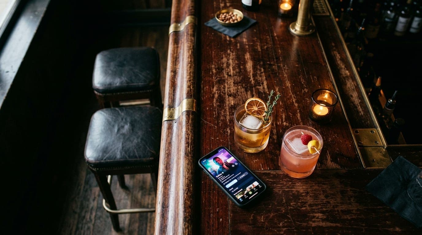 An overhead flat-lay of two leather stools at a dimly lit Dallas bar. A smartphone sits on the mahogany wood, displaying a...