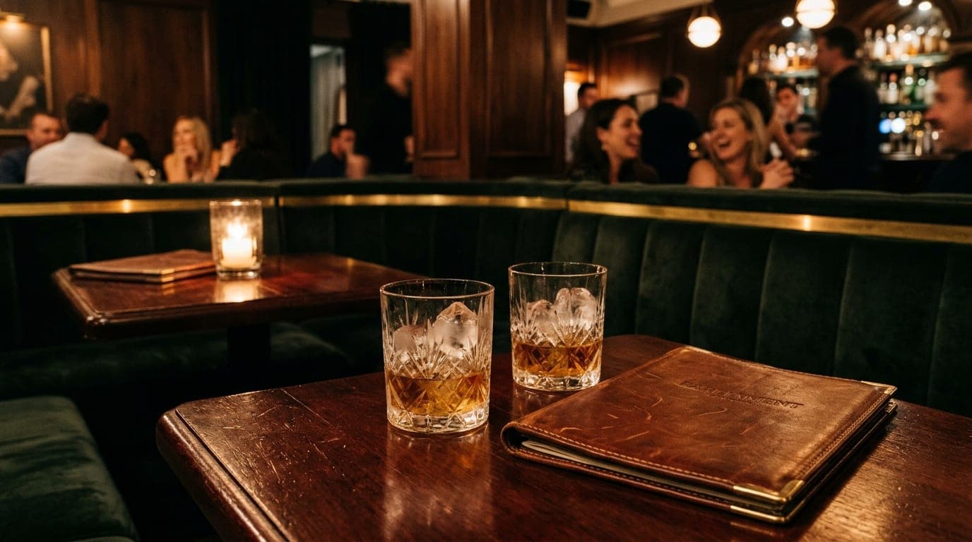 A wide, atmospheric shot inside Parliament at night. A plush, dark velvet booth holds two crystal rocks glasses with melti...