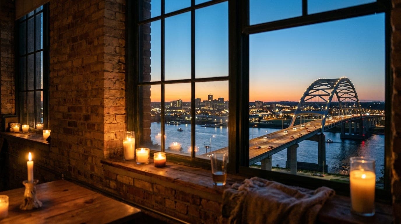 A medium shot from inside a candle-lit brick loft, looking through a window at the illuminated I-74 bridge at dusk. The br...
