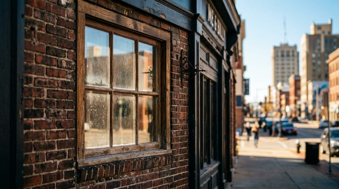 A sun-drenched, close-up 85mm shot of a vintage brick exterior at Me & Billy, with blurred downtown Davenport streetscape...