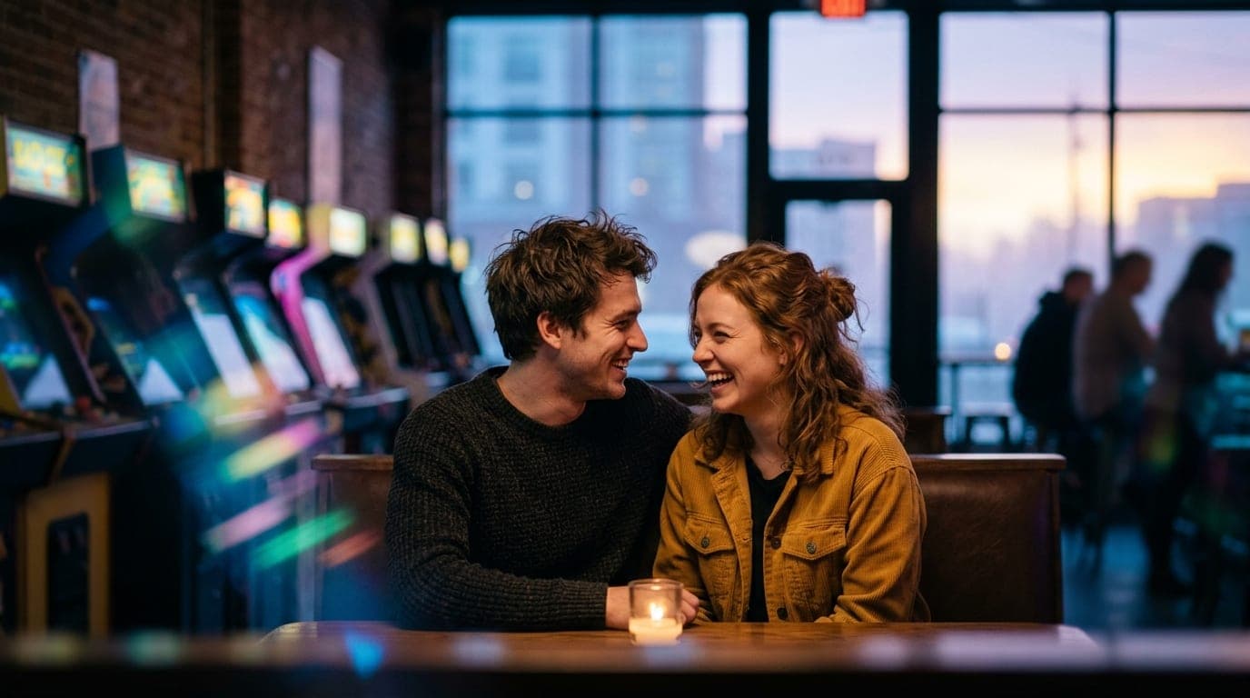 A couple sits in a candle-lit booth at an arcade bar, sharing a laugh. Tilt-shift focus highlights their faces, with glowi...