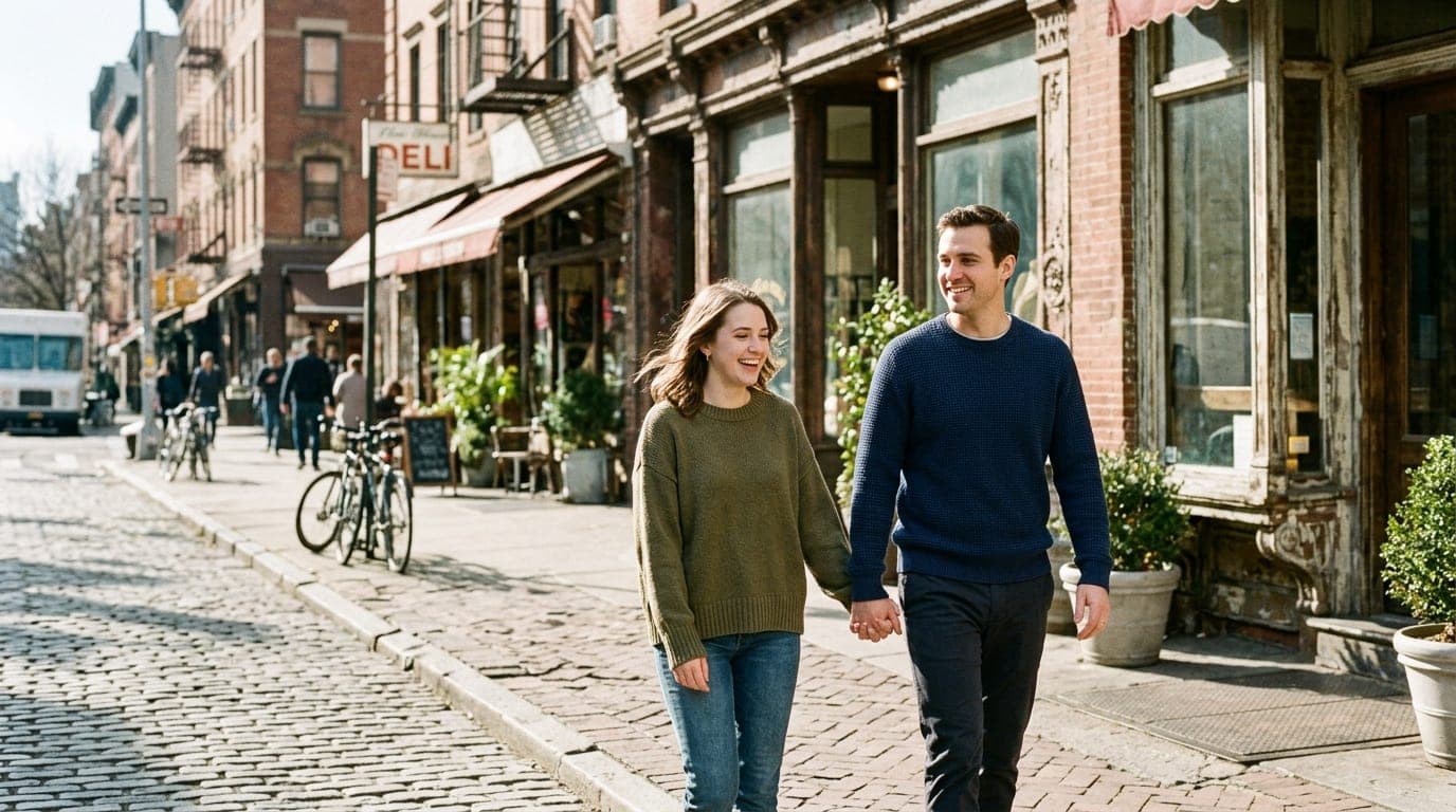 A couple in casual sweaters walks hand-in-hand past the brick storefronts of the East Village at noon, the bright natural...