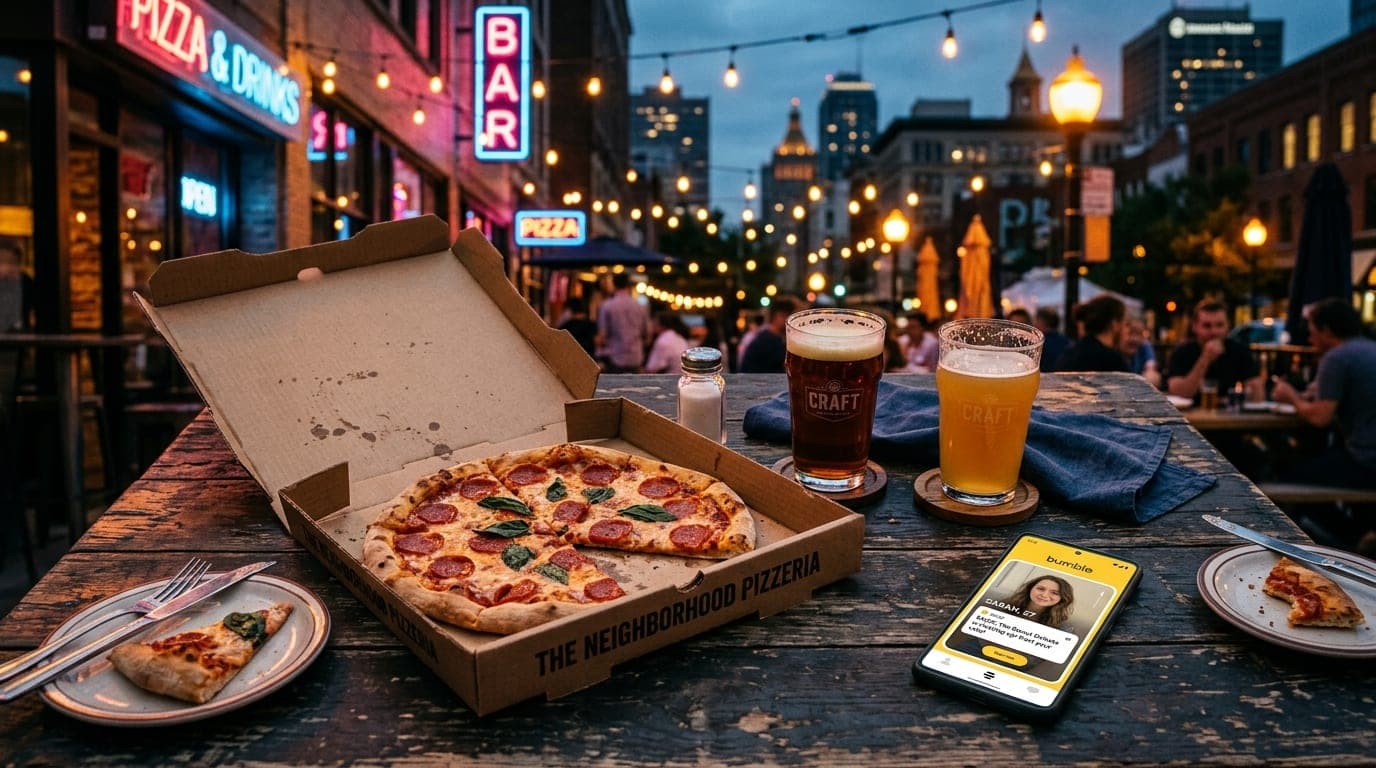 Overhead flat-lay on a weathered patio table featuring a cardboard pizza box, two craft beer glasses, and a smartphone dis...