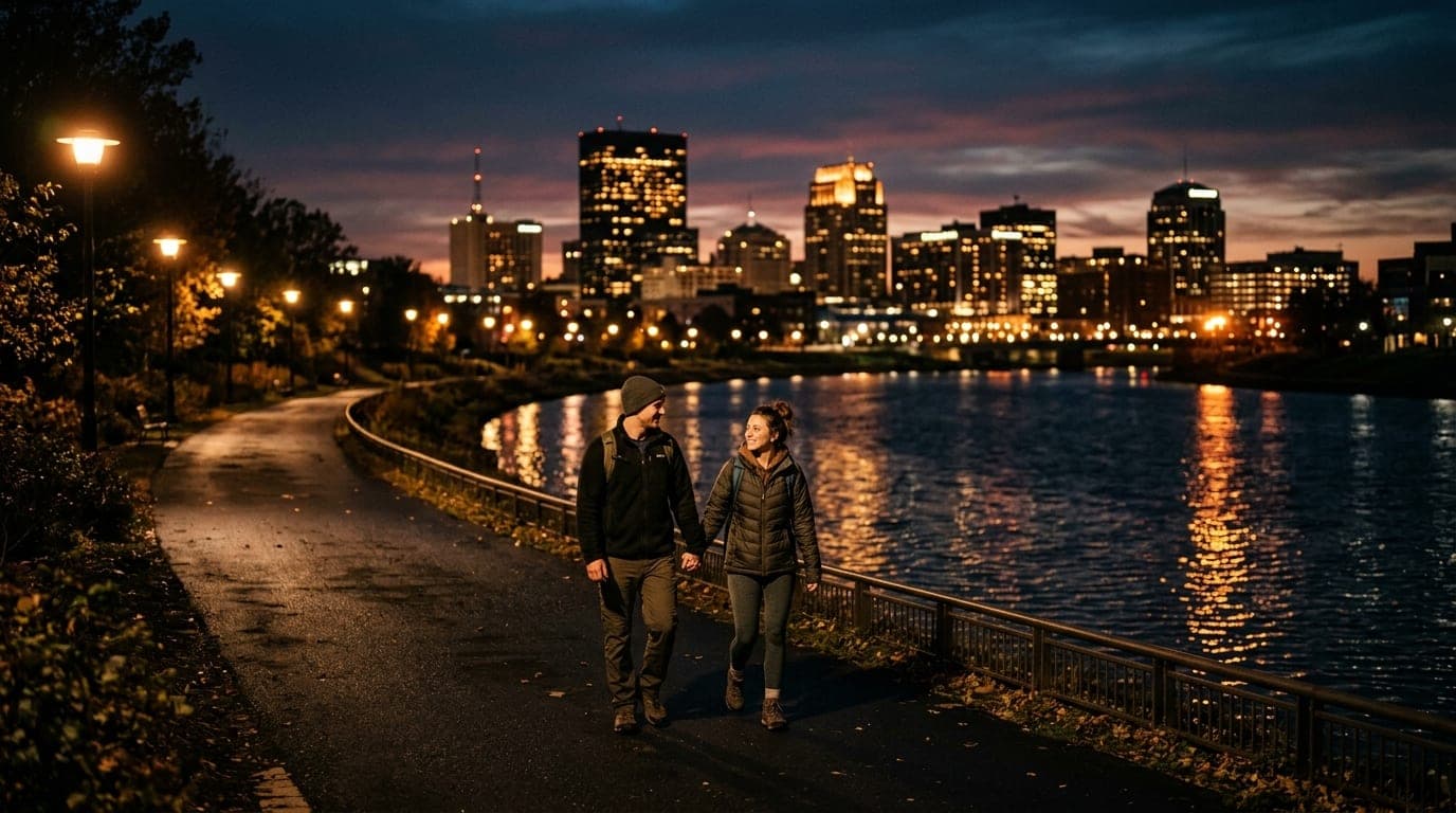 A couple in casual hiking gear walks along the Riverscape riverfront at night, soft amber park lights reflecting on the wa...