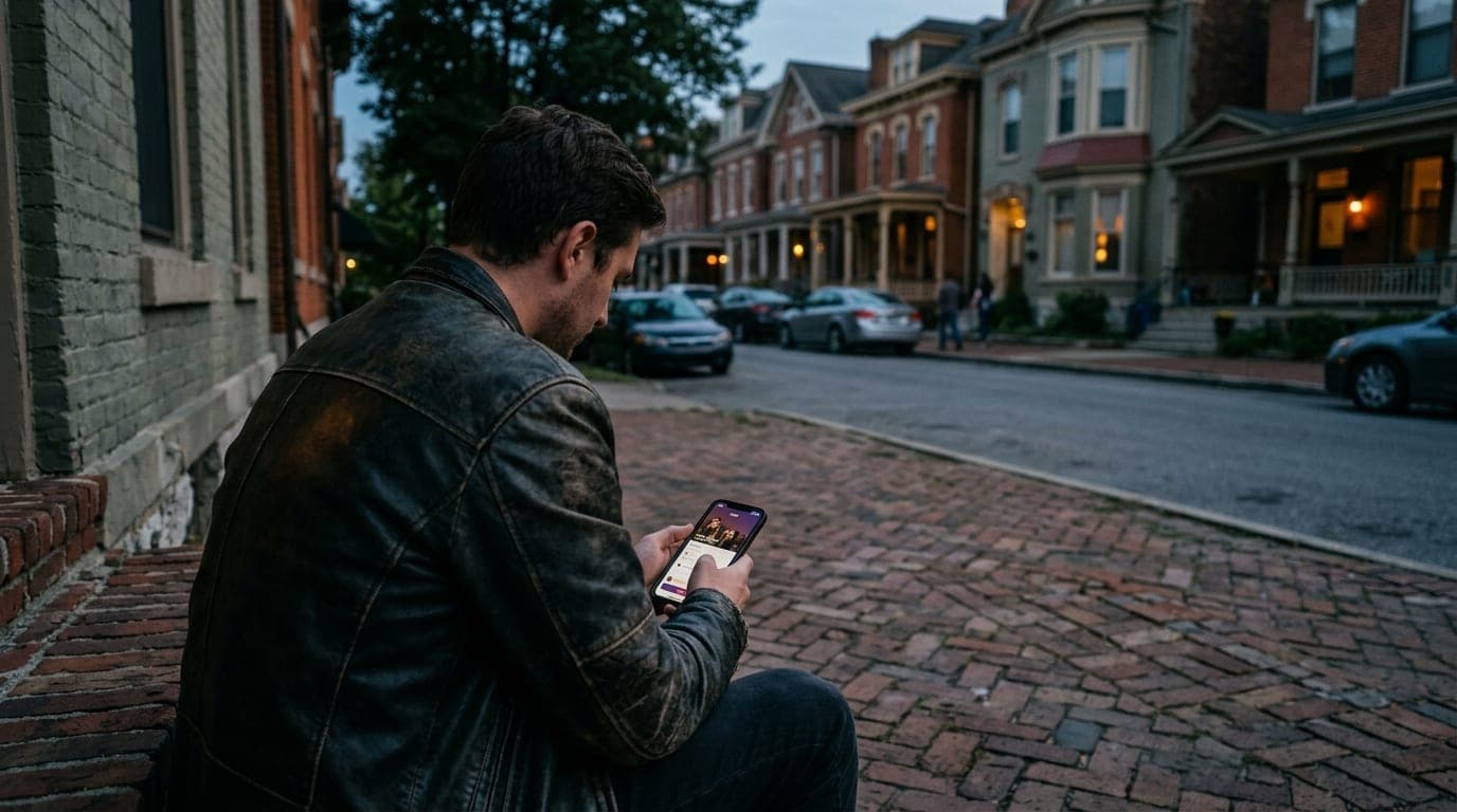 An over-the-shoulder view from an Oregon District brick stoop at blue hour. A person in a leather jacket checks a Feeld pr...