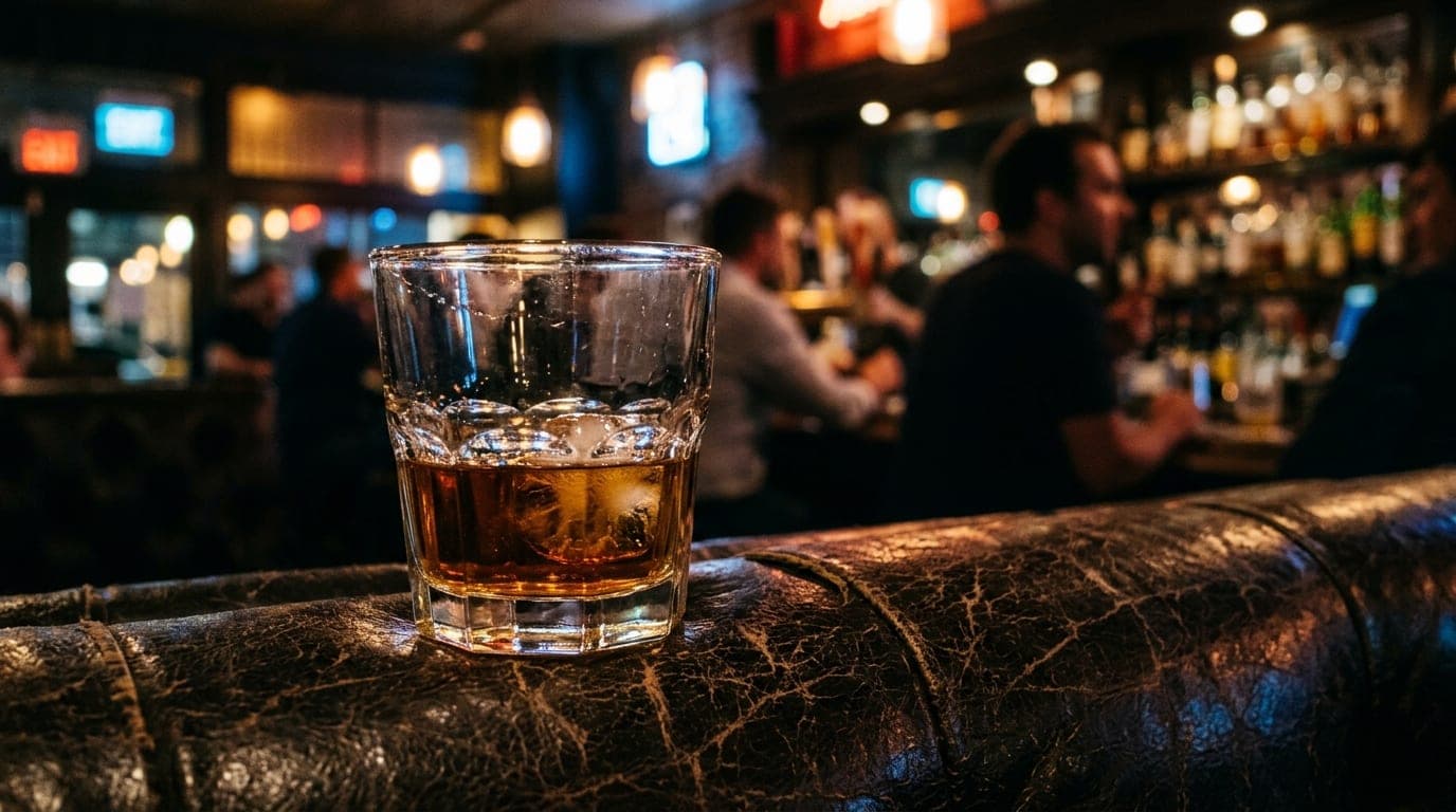 Low-angle hero shot of a half-empty glass of amber bourbon resting on a worn leather booth at The Century Bar, midnight am...