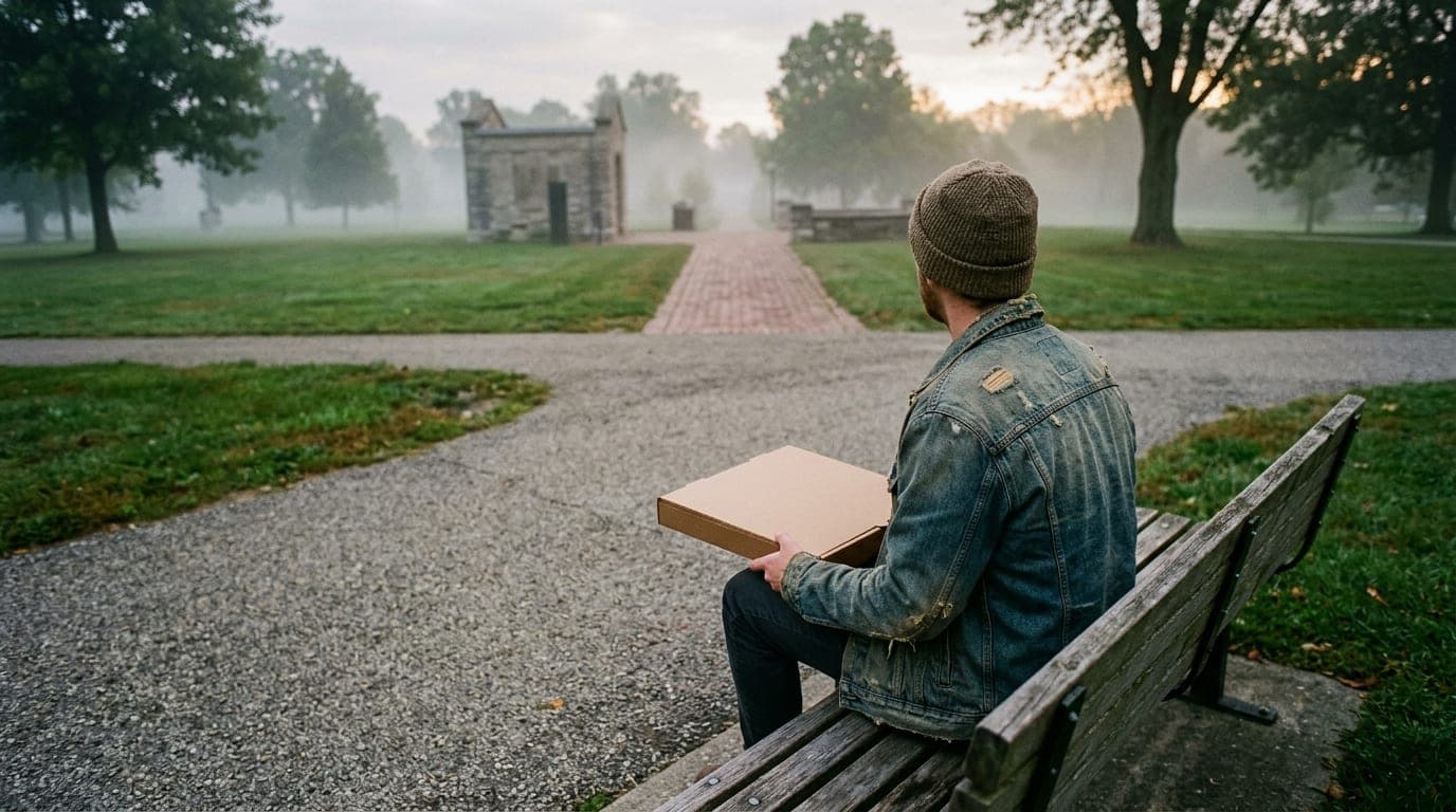 35mm documentary shot, overcast morning. A person in a worn denim jacket sits on a park bench at Carillon Park, holding a...