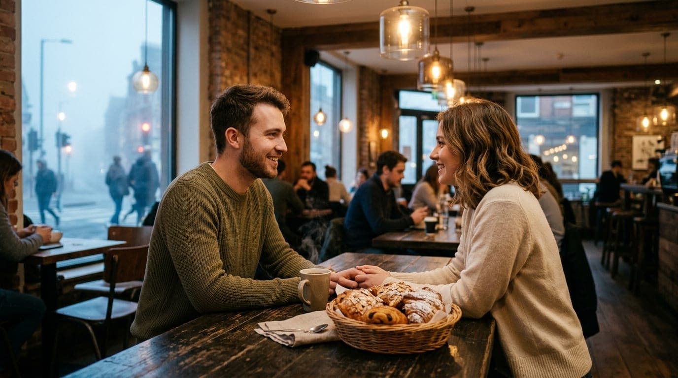 A couple sits at a rustic wooden table inside a sun-drenched coffee shop. A ceramic mug of pour-over coffee rests beside a...