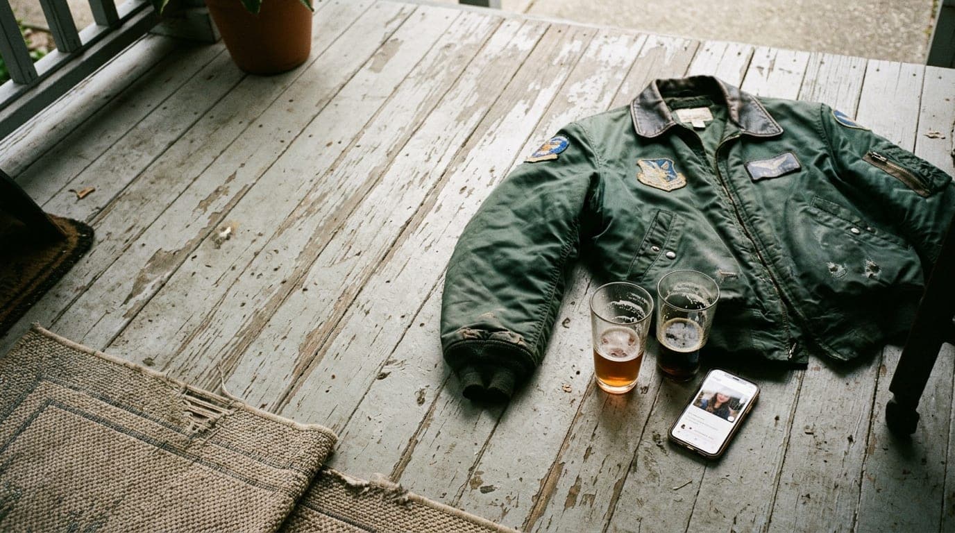 An overhead flat-lay on a weathered South Park wooden porch. A vintage Air Force flight jacket lies beside two half-empty...