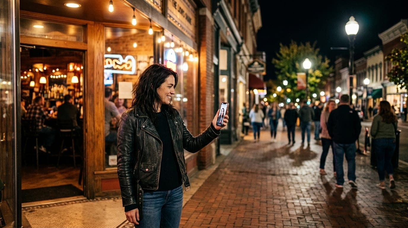 A woman in a leather jacket stands near an illuminated Oregon District bar entrance. She holds a glowing smartphone showin...
