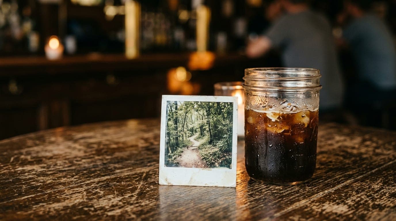 A scratched, wooden patio table at a local dive bar. A weathered polaroid of a Clear Creek hiking trail rests beside an ic...