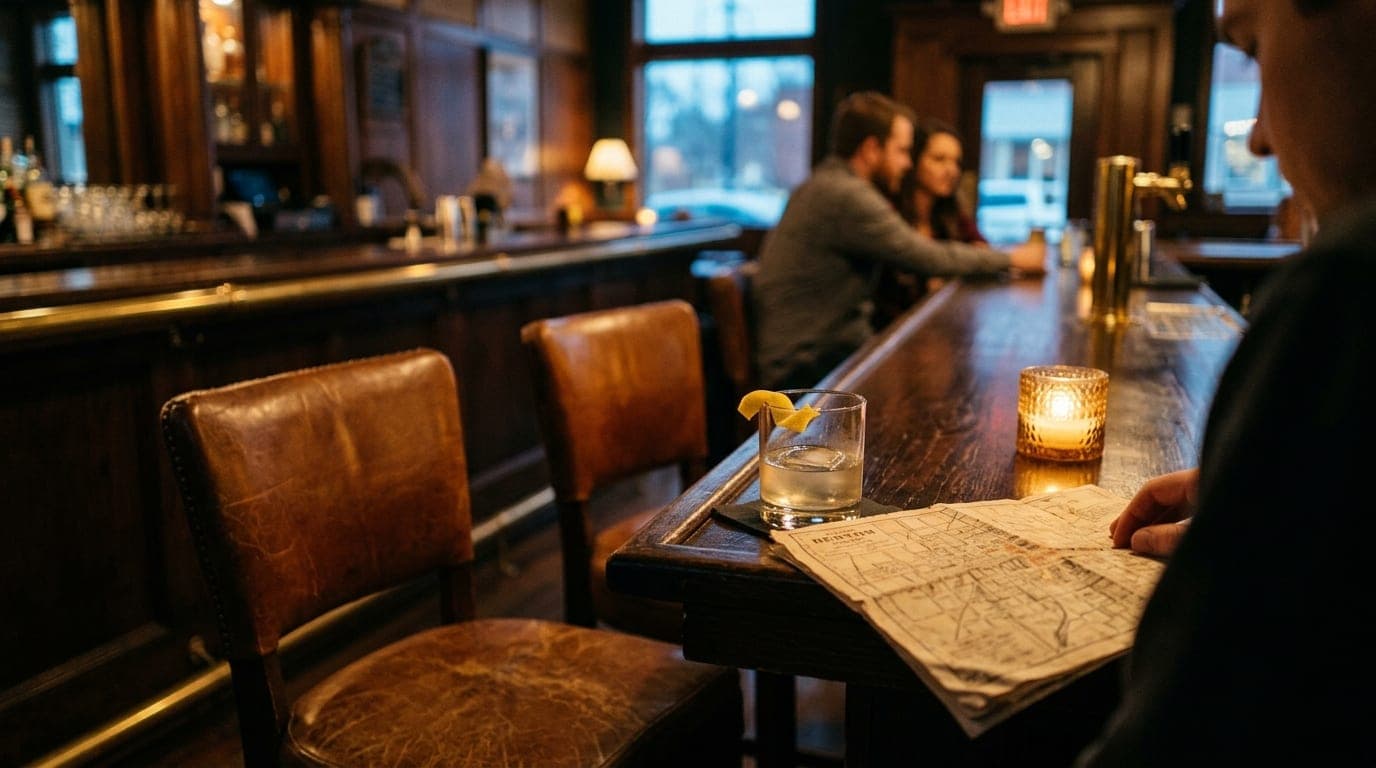 Over-the-shoulder macro view of two vintage leather bar stools at Paschall Bar. A half-poured gin cocktail with a twisted...