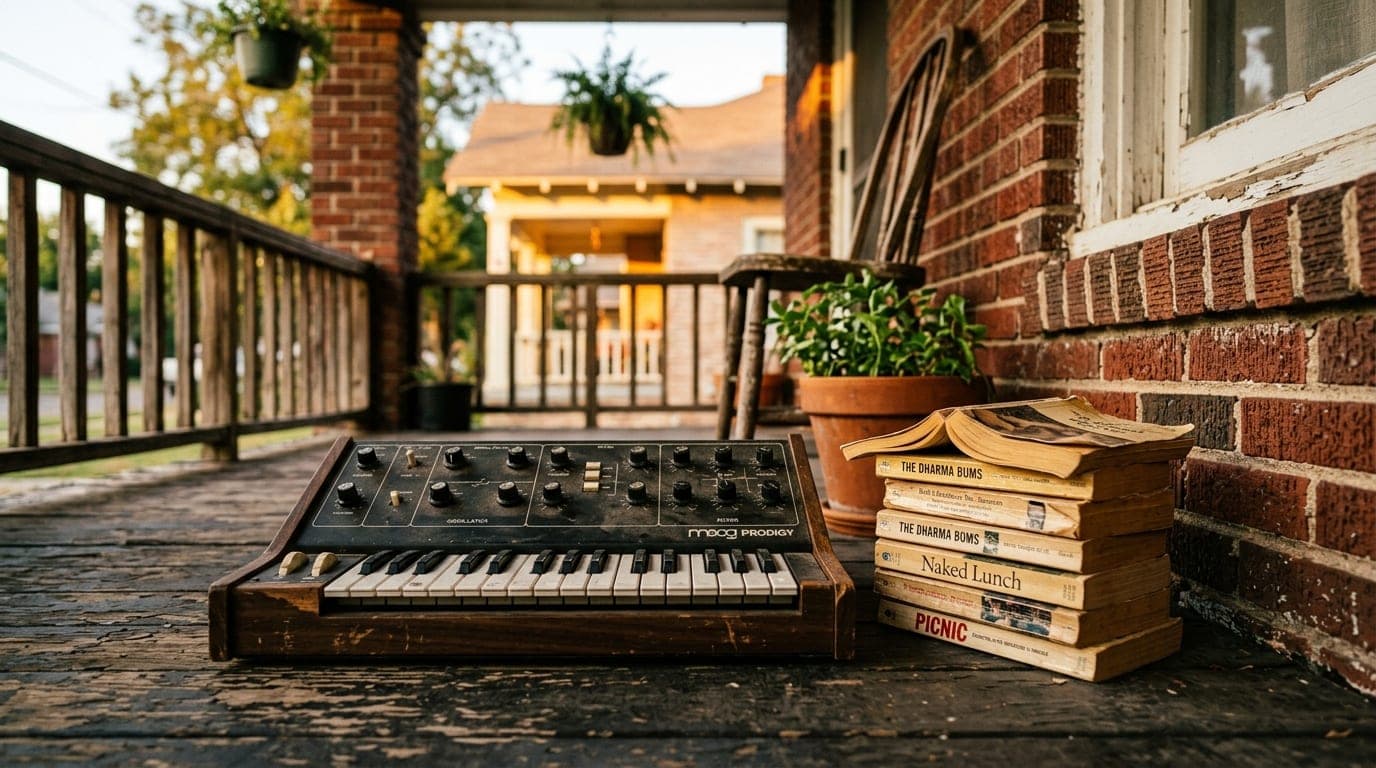 A 24mm wide-angle shot of a weathered porch on a brick Denton bungalow during golden hour, featuring a vintage analog synt...