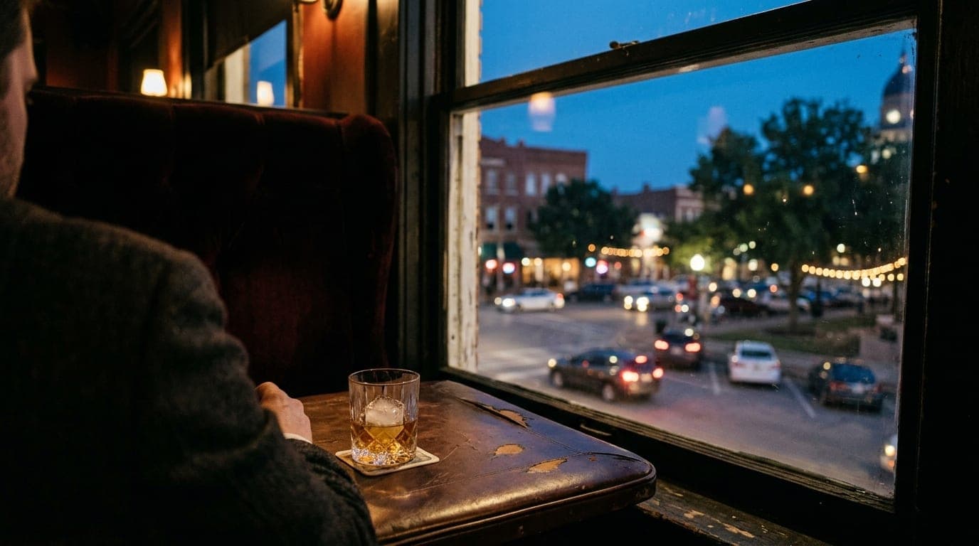 An over-the-shoulder view from a dark, velvet booth at Paschall Bar during blue hour. A single crystal rocks glass rests o...
