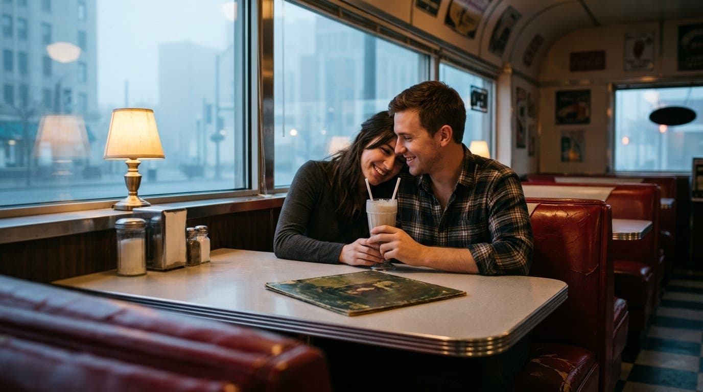 Low-angle hero shot of a couple sharing a milkshake at a retro booth in Beth Marie’s. Selective focus highlights a vintage...