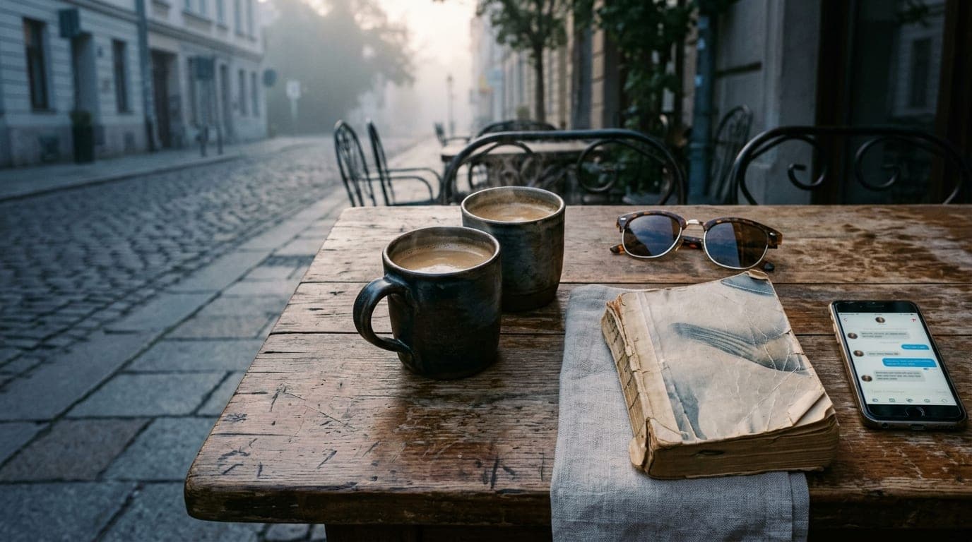 An overhead flat-lay on a weathered wooden cafe table. Two steaming ceramic mugs, a pair of worn sunglasses, and a dog-ear...