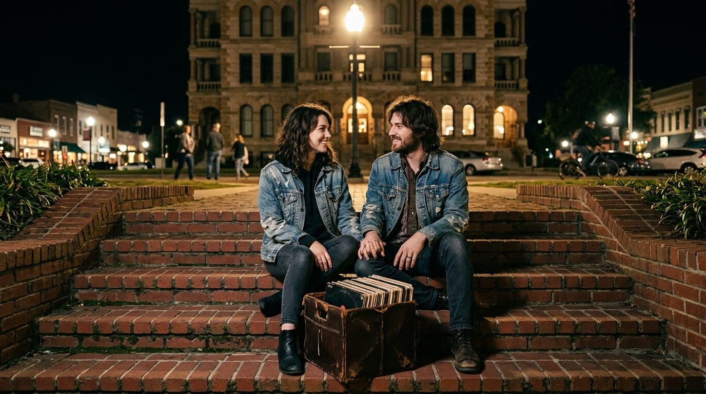 A couple in vintage denim jackets sits on the iconic brick steps of the Denton Square at midnight. A worn leather record c...