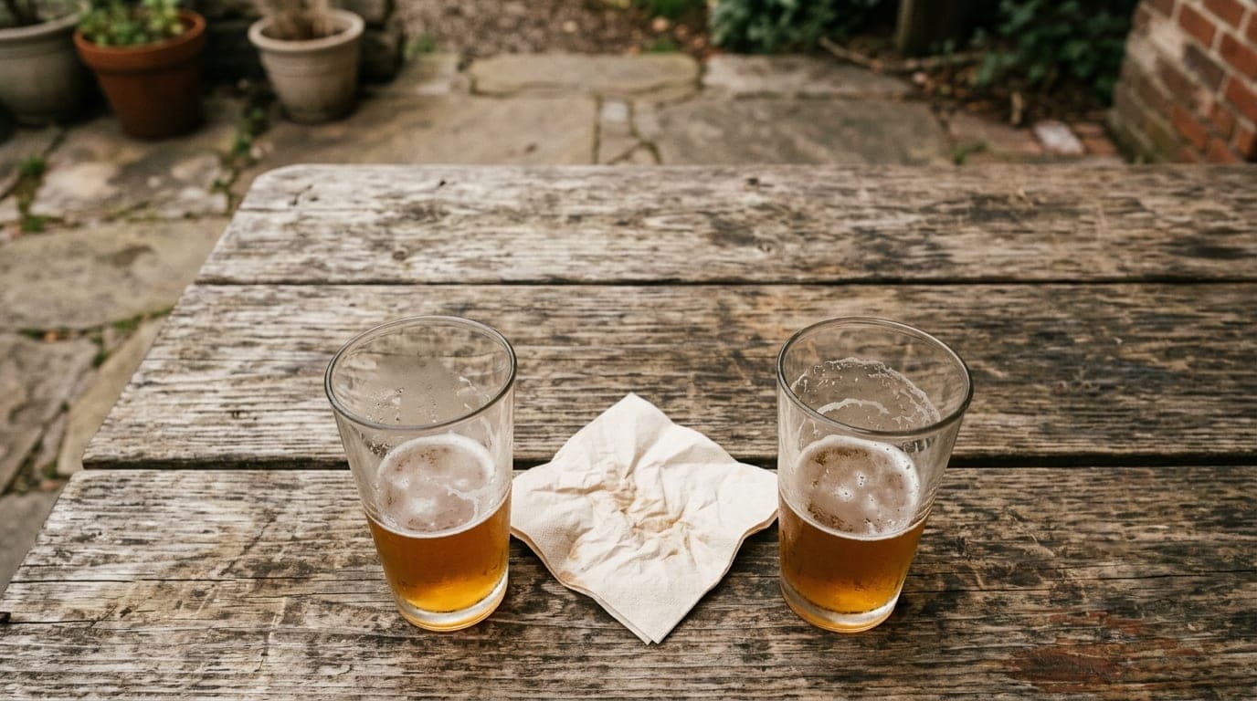 An overhead flat-lay of two half-empty craft beer glasses and a crumpled food truck napkin on a weathered wooden picnic ta...
