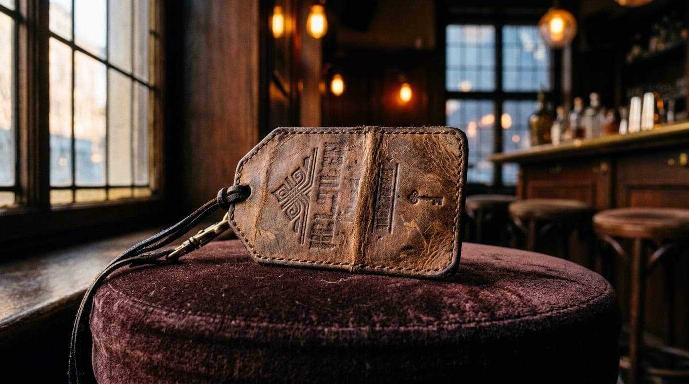 Close-up 100mm macro shot of a weathered leather reservation card for a speakeasy resting on a dark velvet bar stool, bath...