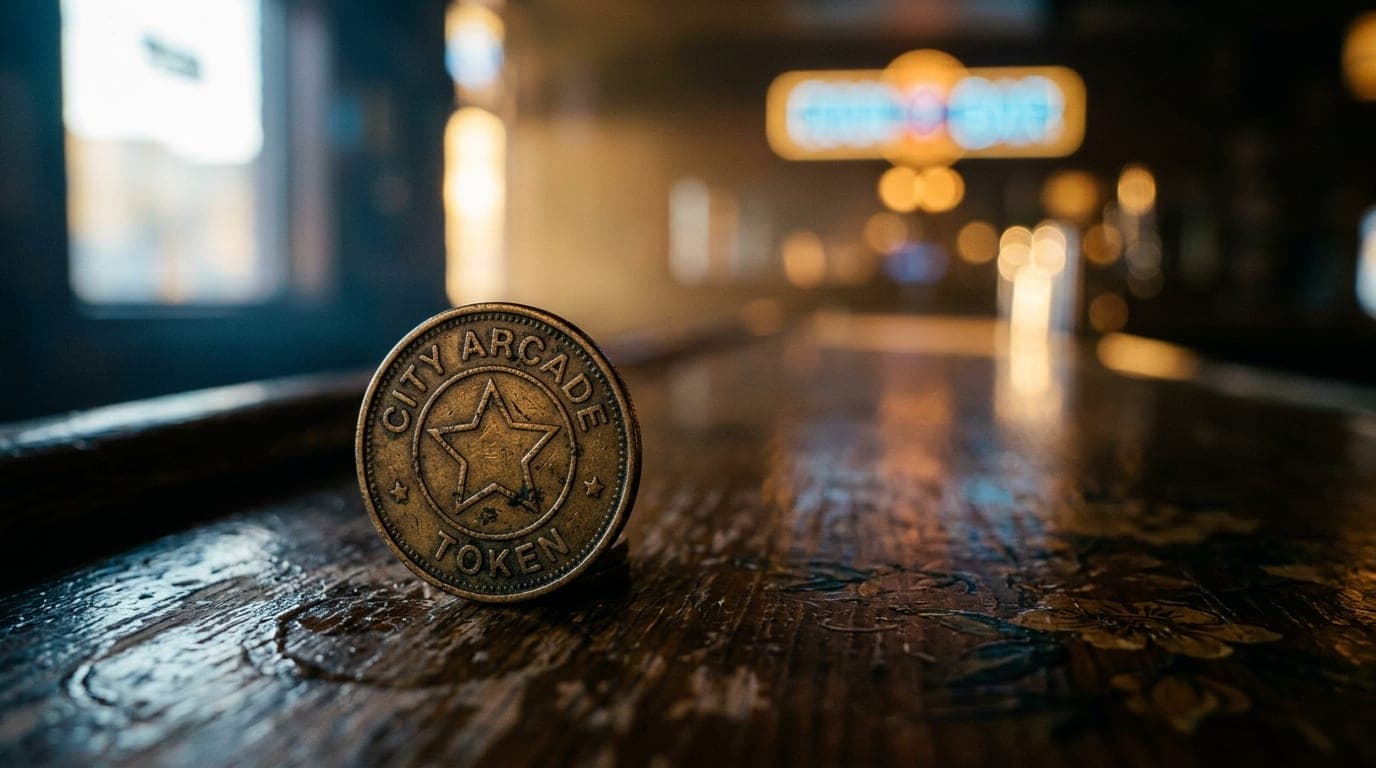 Extreme close-up, golden hour, 85mm shot of a tarnished brass arcade token resting on a sticky, patterned bar top at a div...