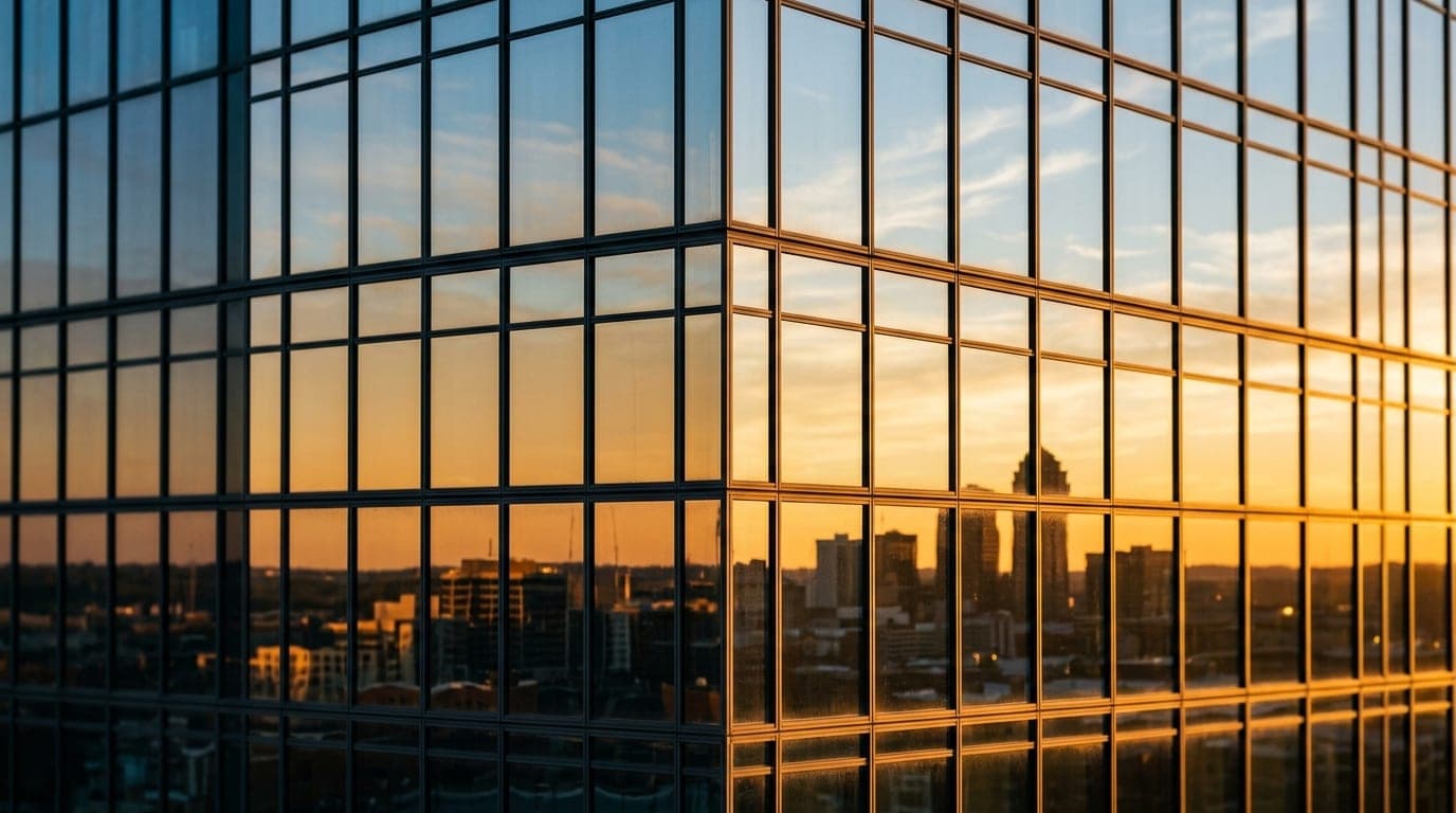 A tight, 100mm macro shot of the 801 Grand skyscraper’s reflective glass exterior at noon, capturing the sharp architectur...