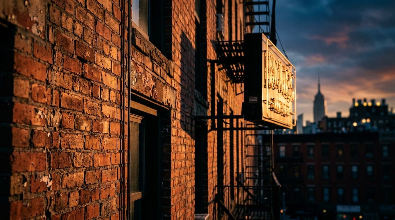 A macro, tilt-shift lens captures the weathered red brick textures of an East Village building facade at golden hour, with...