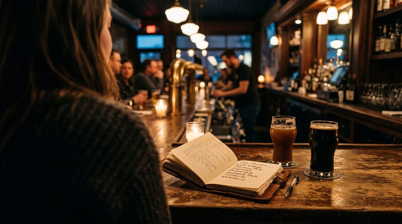 An 85mm over-the-shoulder shot at a dimly lit Des Moines taproom bar. A notebook sits open next to two craft beers, with a...