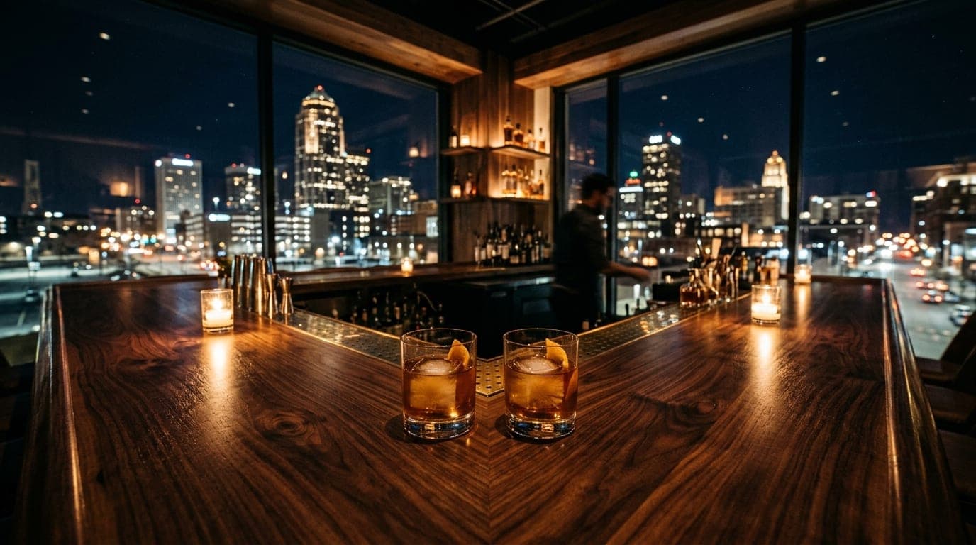 A low-angle, wide-angle shot of a polished bar at The Republic on Grand. Two half-poured bourbon cocktails sit on the dark...