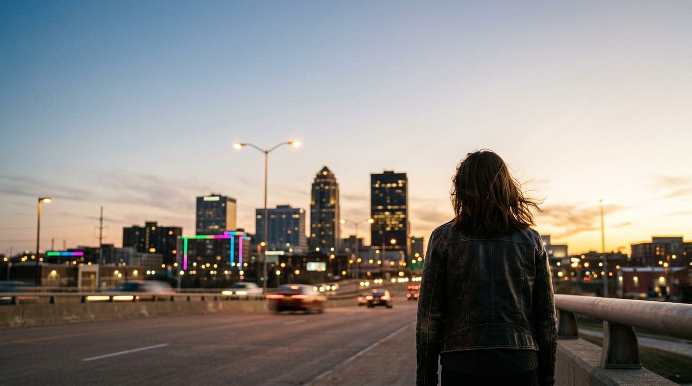 50mm natural perspective, golden hour. A woman in a dark leather jacket stands in the lower third on an I-235 overpass, lo...