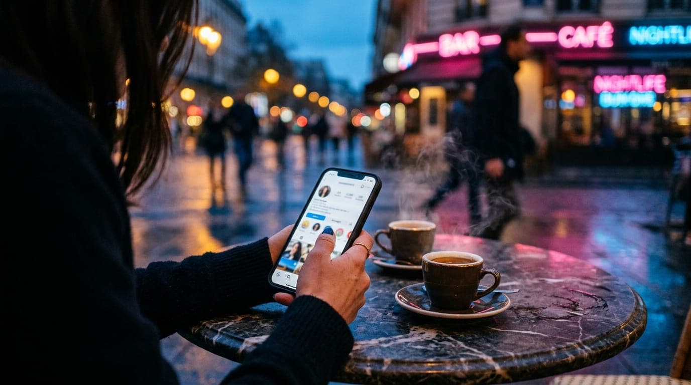 100mm macro, tight crop, blue hour. A woman’s hand holds a smartphone displaying a social media profile, resting on a marb...