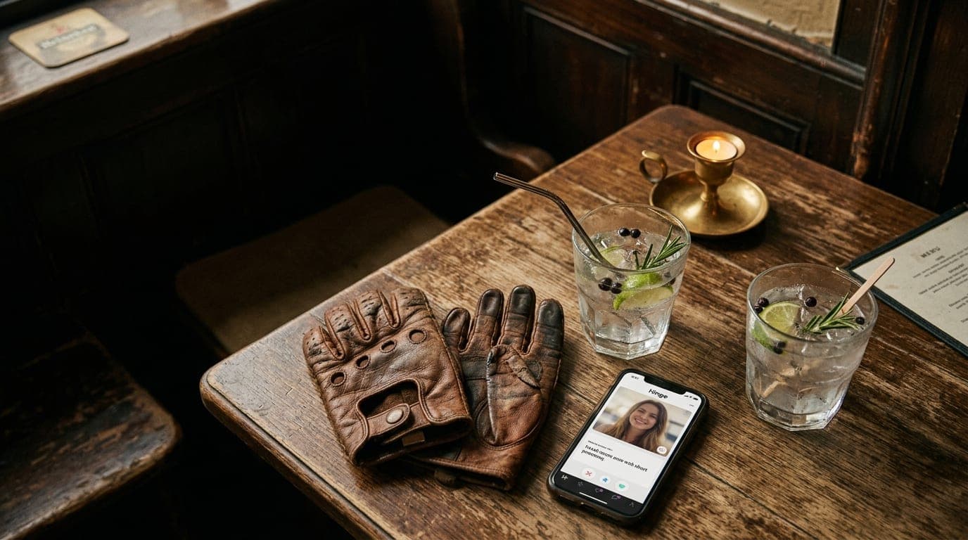 Overhead flat-lay of a wooden bistro table at Metropolitan Bar and Kitchen. A pair of worn leather cycling gloves rests be...