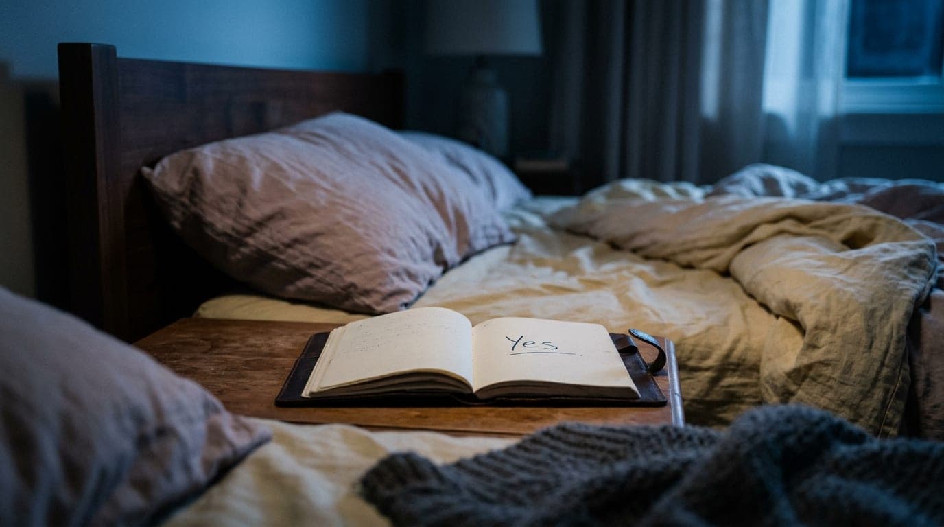 A low-angle shot centered on a nightstand holding an open leather notebook with "Yes" scribbled in ink. A single unmade pi...