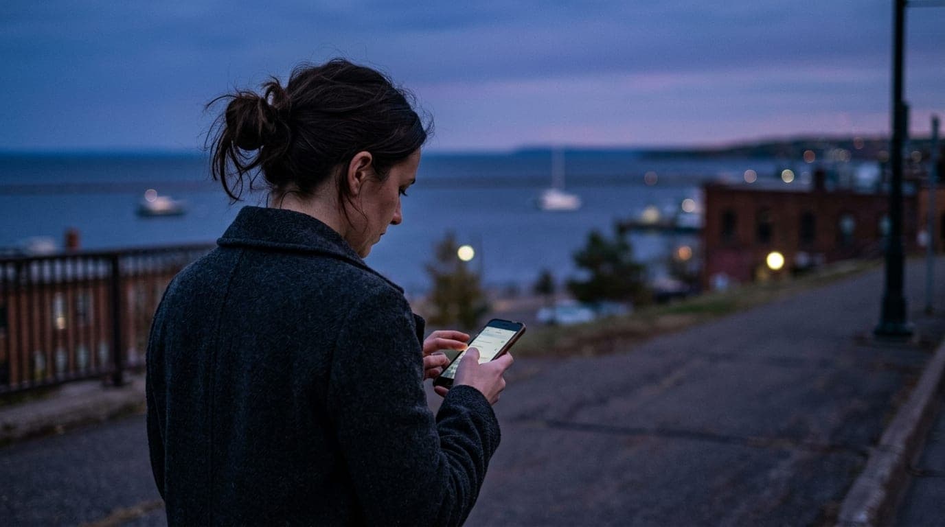 Blue hour, 85mm portrait: a woman in a sleek charcoal wool coat checks her phone on a dim Canal Park sidewalk, Lake Superi...