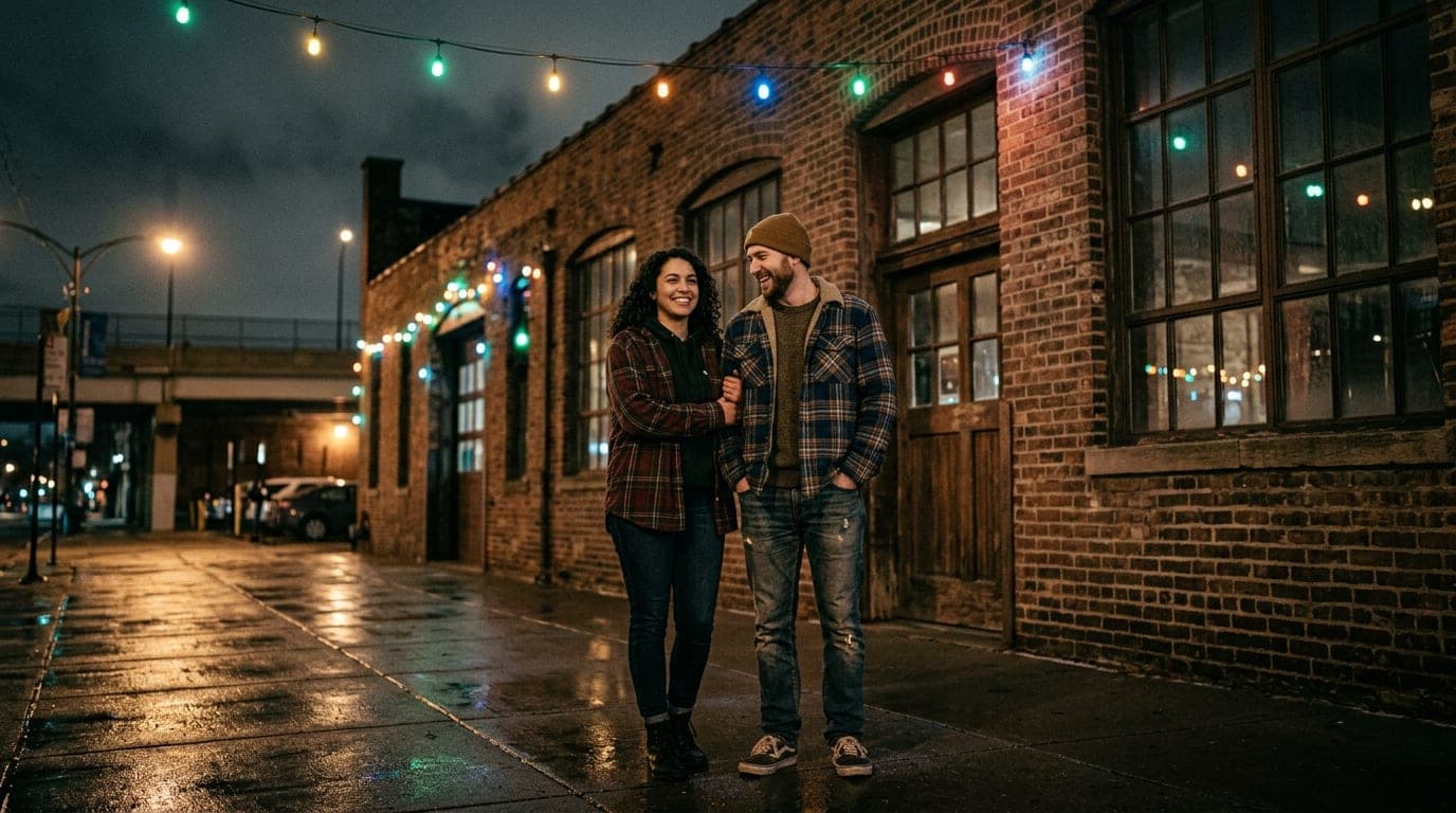 Midnight low-angle hero shot of a couple in flannel shirts standing on a rain-slicked sidewalk outside a Lincoln Park bric...