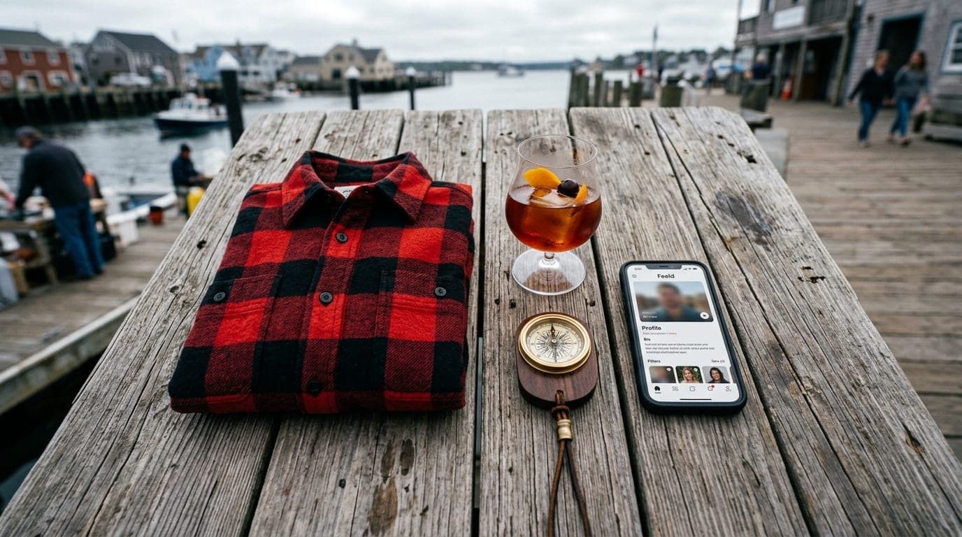 Overhead flat-lay on a weathered wooden pier planks. A red flannel shirt folded neatly next to a sleek, artisanal cocktail...