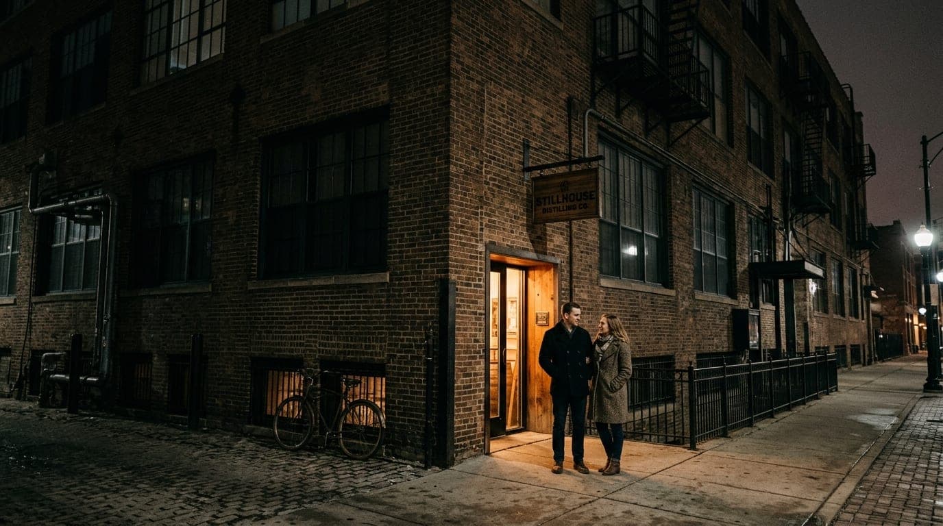 A wide 50mm shot of a dark Lincoln Park brick warehouse exterior at night. A couple in wool coats stands near the glowing,...
