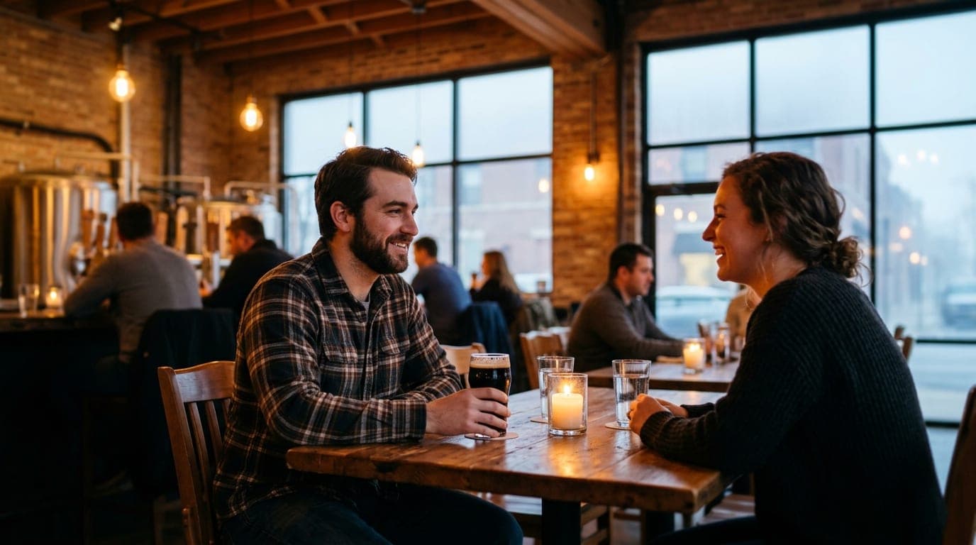 Medium shot, tilt-shift selective focus. A man in a flannel shirt sits at a Lincoln Park brewery table, holding a craft st...