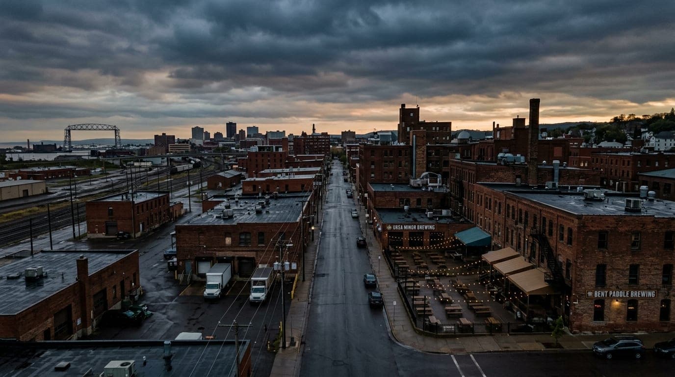 A 35mm overhead flat-lay of the Lincoln Park Craft District at dawn, under a heavy, overcast sky. Industrial brick facades...