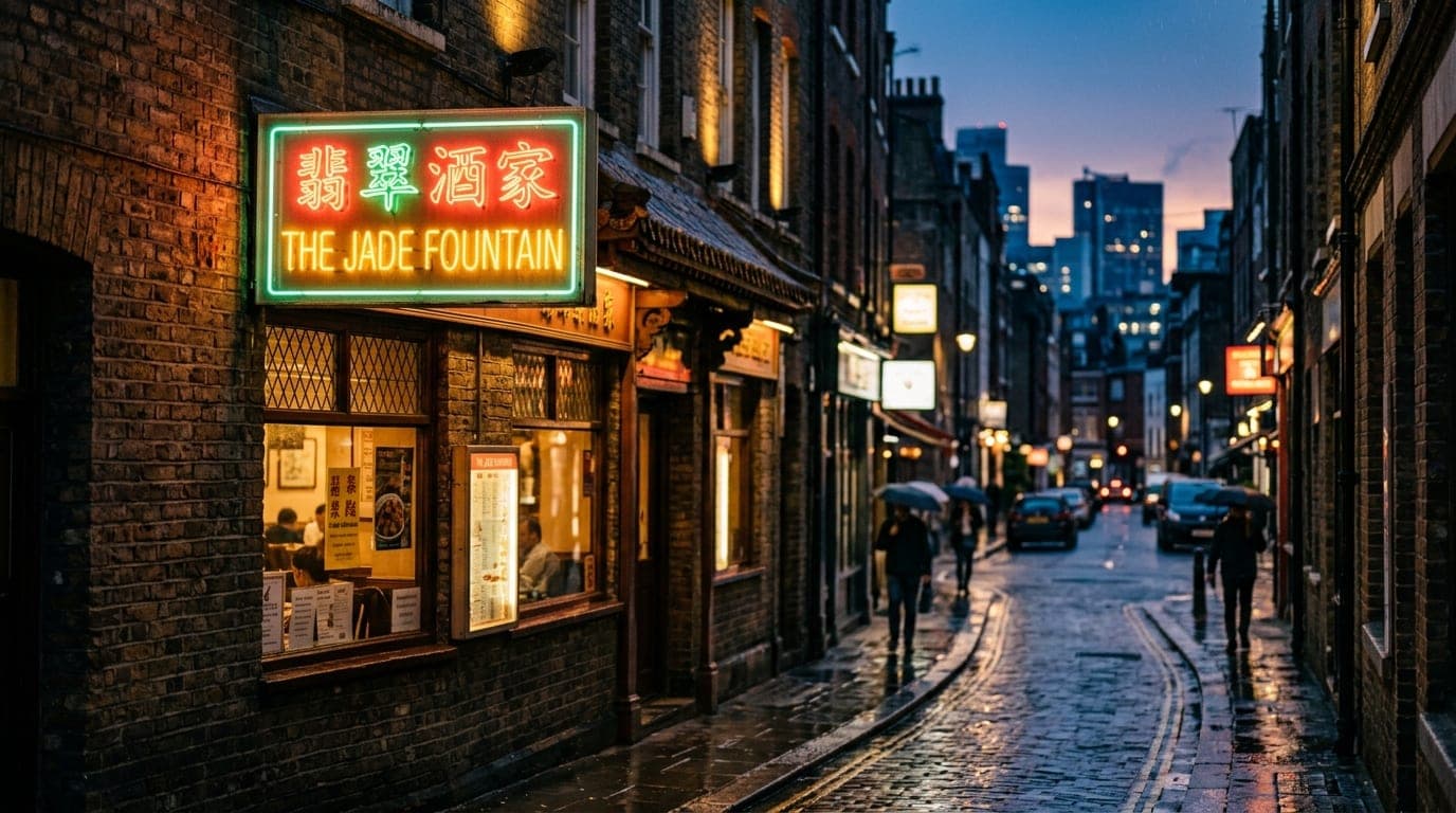 The warm, glowing neon sign of The Jade Fountain glows against a rain-slicked brick alleyway at dusk, captured with a shal...