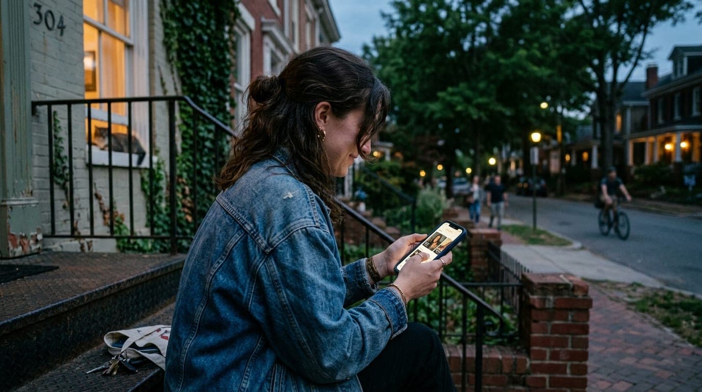 A woman in a vintage oversized denim jacket scrolls through Bumble on her phone. She sits on a weathered iron stoop in Tri...