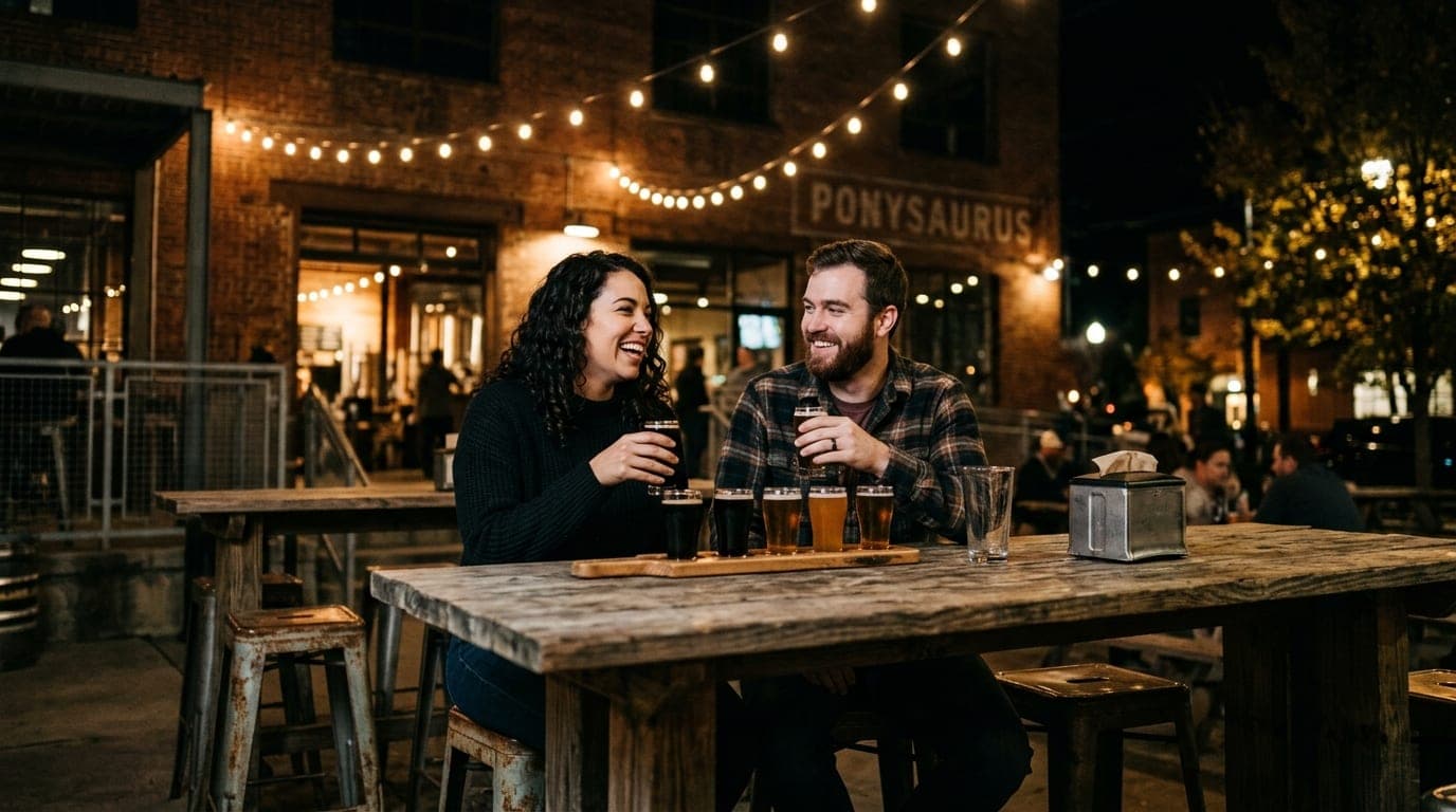 Low-angle shot, a couple shares a flight of craft beer at a weathered wooden table at Ponysaurus. Soft string lights glow...