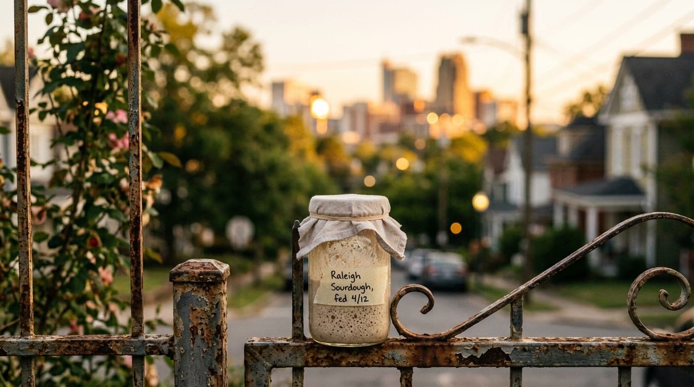 A 50mm natural shot at golden hour: a sourdough starter jar sits on a rusted iron gate in Old North Durham, with a bokeh-b...