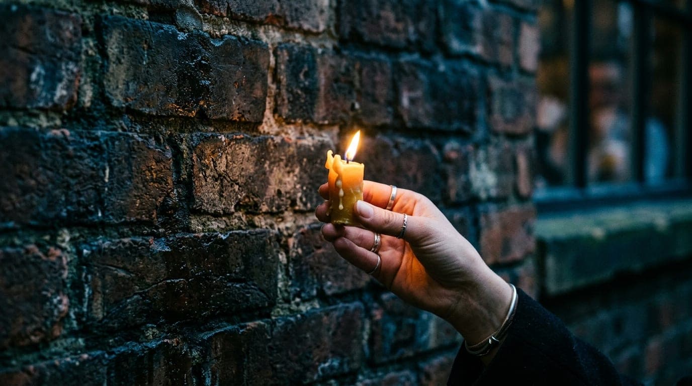 A 100mm macro shot captures a flickering beeswax candle held by a woman’s hand against the weathered, dark brick wall of a...