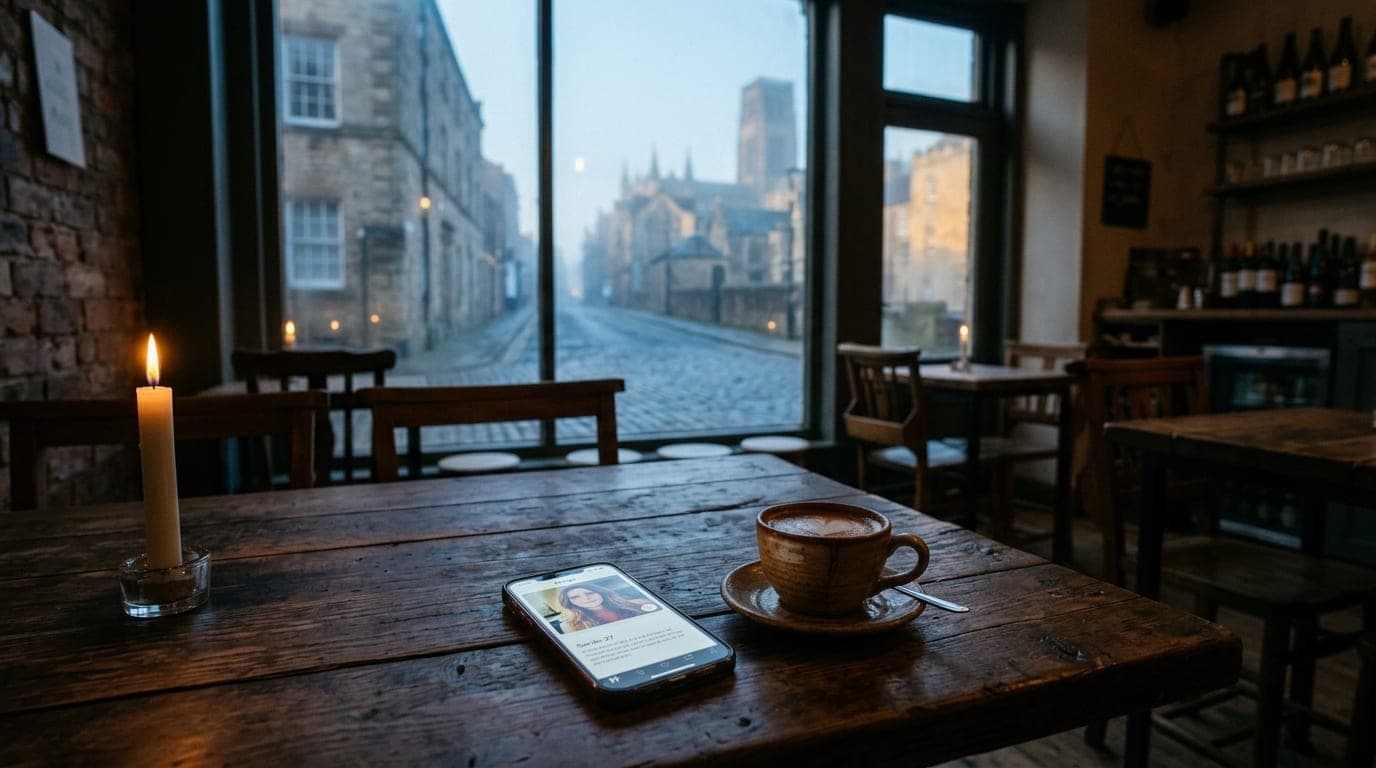Medium shot, 24mm lens. A dimly candle-lit cafe interior in Durham. A single smartphone screen glows on a reclaimed wood t...