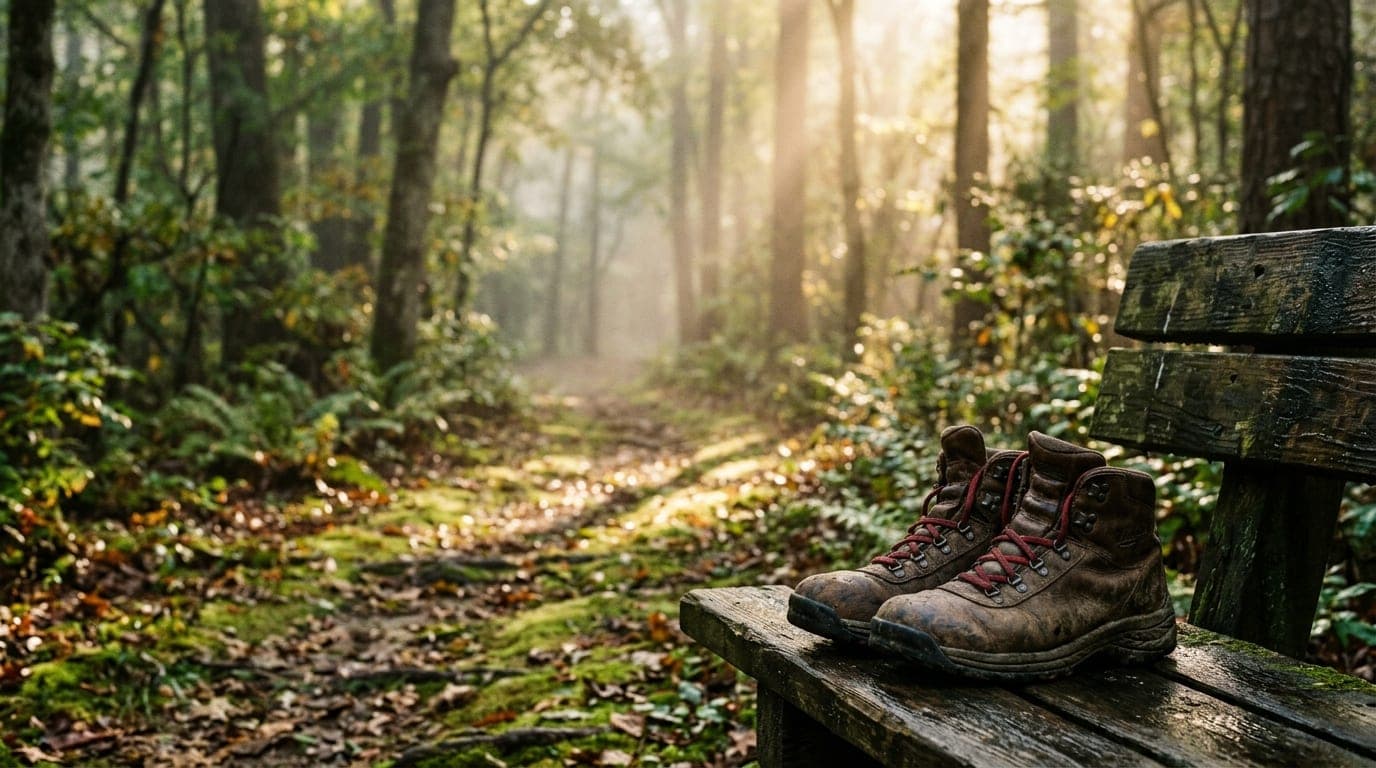 A pair of worn hiking boots sits on a wooden bench at Eno River State Park. Bright noon sunlight streams through forest le...